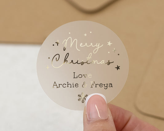 Merry Christmas Sticker, Personalised Christmas Sticker, Custom Name Christmas Label, Gold Foil Christmas Sticker, Gift Tag Sticker