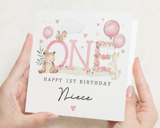 1st Birthday Card for Niece, First Birthday Card, Girl 1st Birthday Card, Baby Girl Birthday Card, Cute Woodland Birthday Card