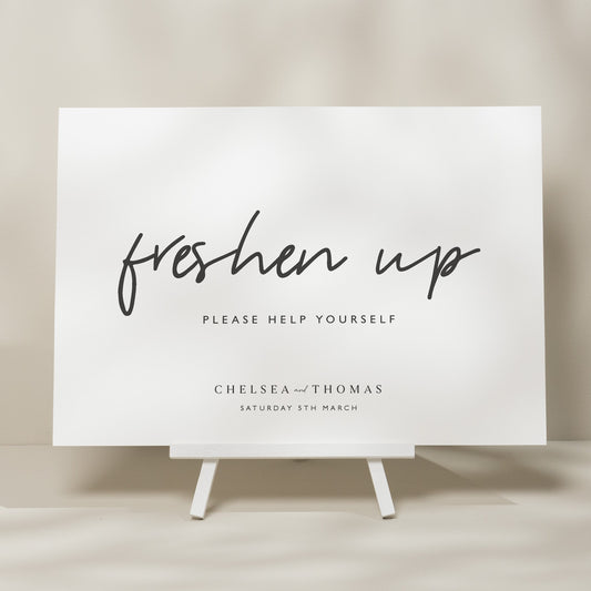 Simple Wedding Sign, Freshen Up Wedding Sign, Bathroom Wedding Signage, Calligraphy Wedding Sign, Bathroom Basket Sign &#39;Chelsea&#39;