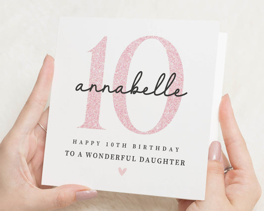 10th Birthday Card for Daughter, Personalised Daughter Birthday Card, Birthday Card for Girl, Custom Age 10 Card, Pink Glitter Card