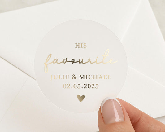 Wedding Sticker, His Favourite Sticker, Personalised Wedding Sticker, Gold Foil Wedding Label, Custom Name Date Sticker, Envelope Seal