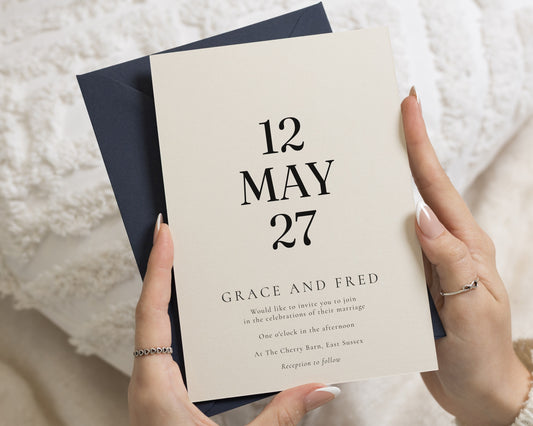 Ivory Wedding Invitations with Navy Envelopes, Minimalist Wedding Invites, Elegant Typography, Personalised Invitation Suite