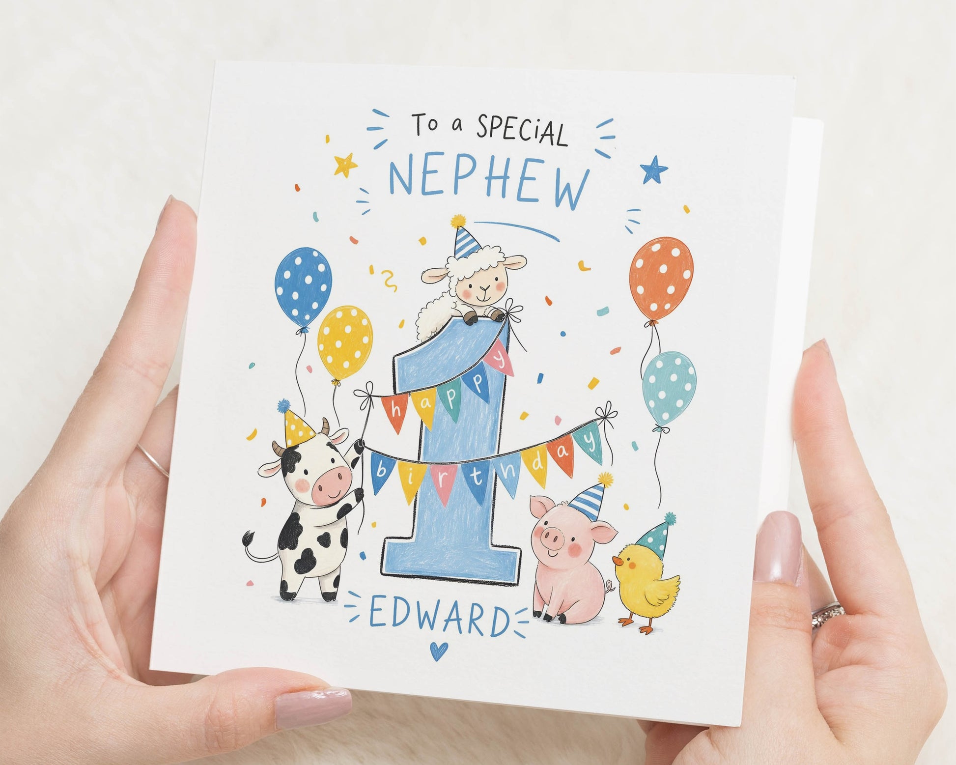 1st Birthday Card for Nephew, First Birthday Card, Personalised Birthday Card for Boy, Farm Animals Birthday Card, Cute Nephew Card
