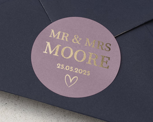 Personalised Wedding Envelope Sticker, Mr And Mrs Wedding Seal, Custom Name Sticker, Gold Foil Wedding Sticker, Wedding Date Envelope Seal