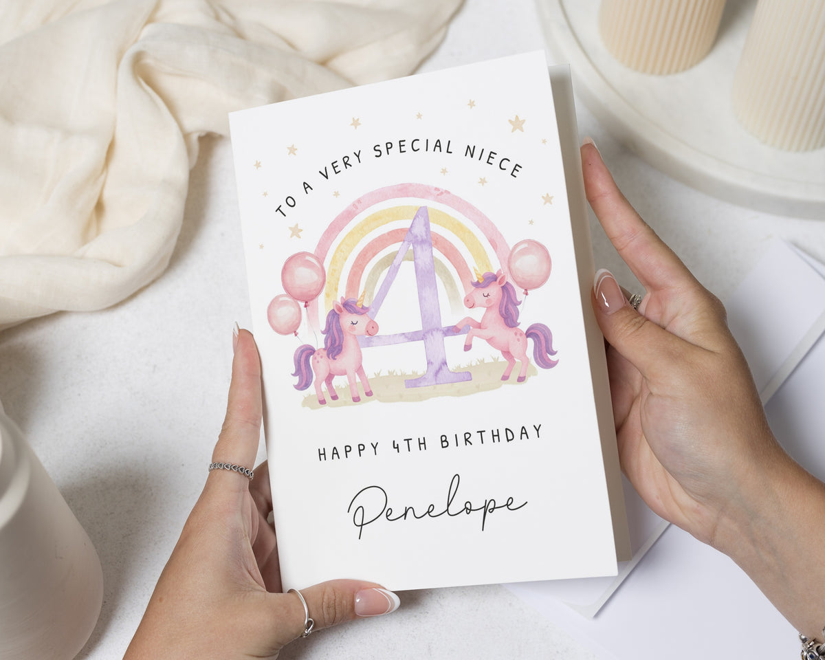 4th Birthday Card for Niece, Personalised Unicorn Birthday Card, Girls Birthday Card, Daughter Birthday Card, Rainbow Birthday Card