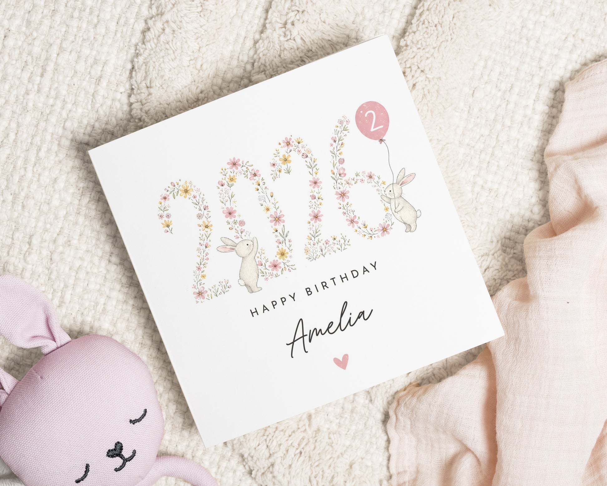 Personalised 2nd Birthday Card for Girl, Second Birthday Card, Daughter Birthday Card, Bunny Rabbit Floral Birthday Cards for Girls