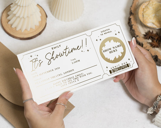 Personalised Theatre Ticket Gift, Scratch To Reveal Show, Birthday Gift For Her, Gold Foil Gift Voucher