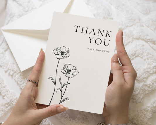 Personalised Wedding Thank You Cards, Wedding Thank You Card, Floral Thank You Cards, Minimal Folded Thank You Cards, A6 5x7 Card