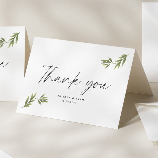 Botanical Wedding Thank You Card, Greenery Wedding Thank You Card With Envelopes, Simple Wedding Guest Thank You Card &#39;Madeleine&#39;