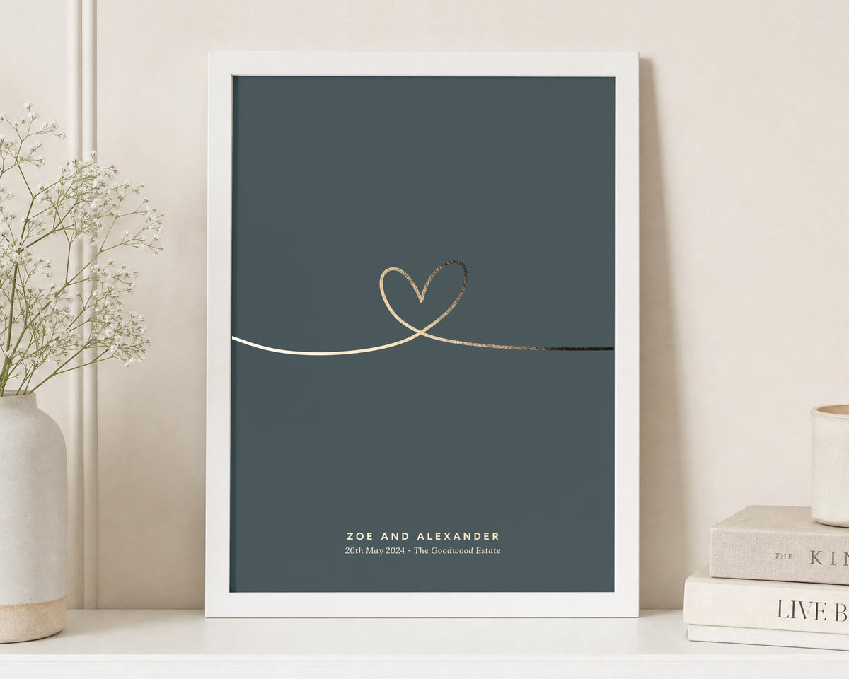Personalised Gold Foil Couple Print, Dark Green Wall Art, Wedding Gift, Anniversary Gift, Heart Line Art, White Framed Print