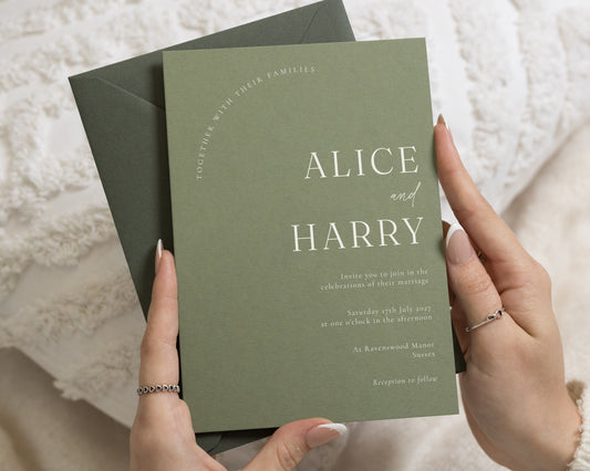 Sage Green Wedding Invitations with Olive Envelopes, Minimalist Wedding Invites, Elegant Typography, Personalised Invitation