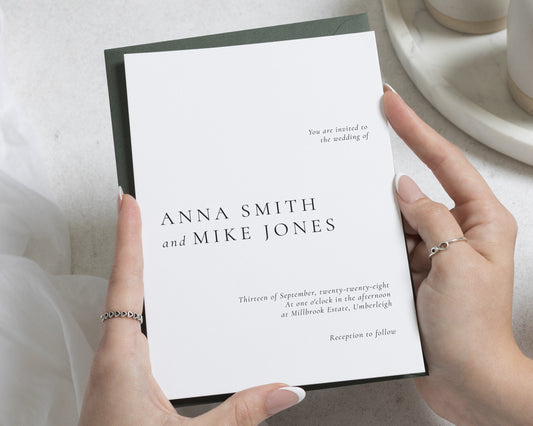 Minimalist Wedding Invitations, Elegant Black and White Wedding Invites, Forest Green Envelope, Personalised Wedding Invitation Suite