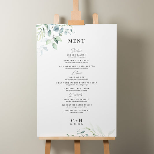 Botanical Greenery Wedding Food Menu Sign, Custom Menu Wedding Sign, Wedding Food Sign, Eucalyptus Wedding Signage &#39;Charlotte&#39;