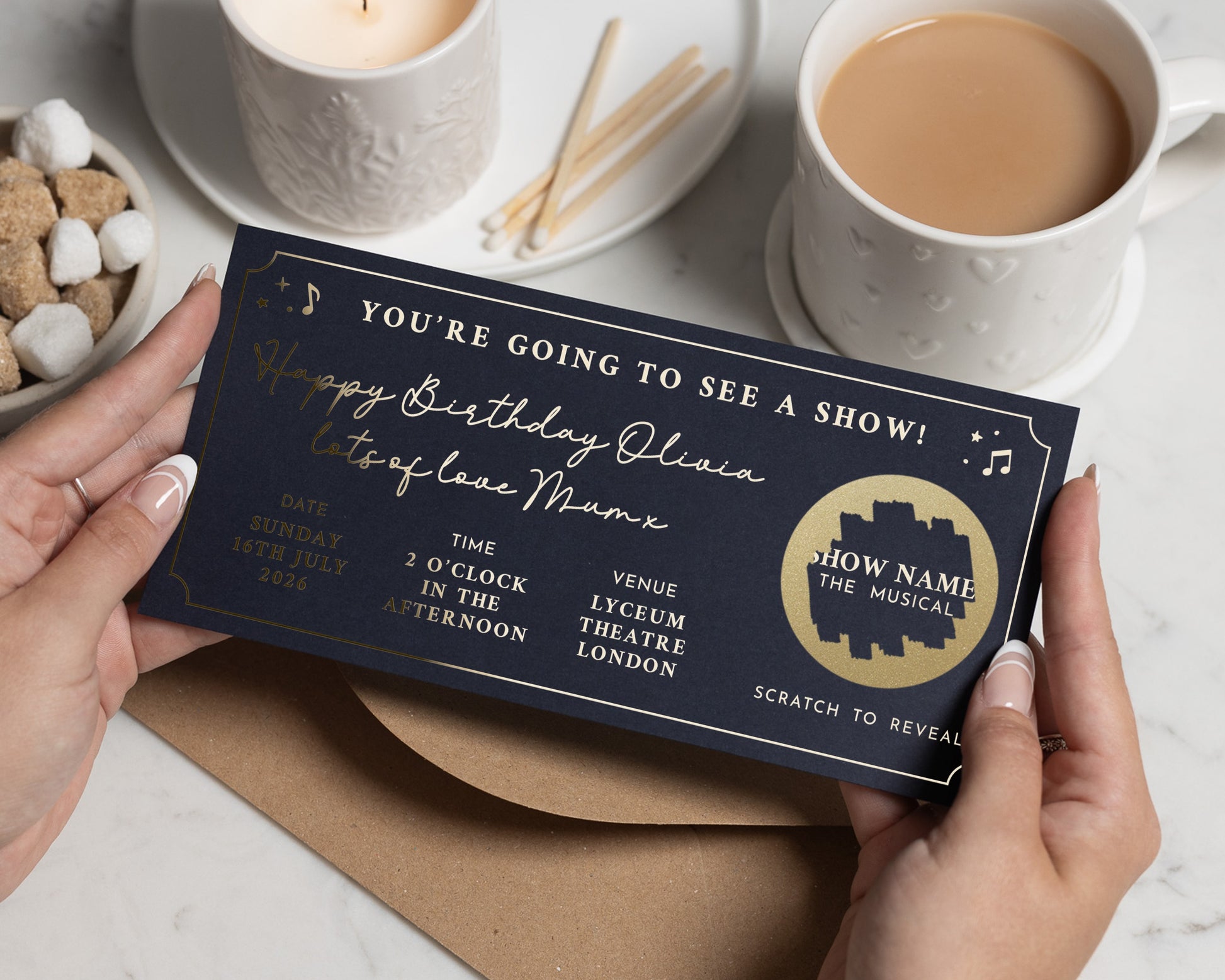 Personalised Theatre Gift Voucher, Show Reveal Ticket, Birthday Gift For Mum, Gold Foil, Scratch To Reveal