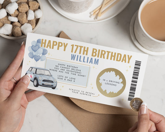 Personalised 17th Birthday Gift Voucher, Driving Lessons Gift, Birthday Card for Him, Custom Birthday Surprise