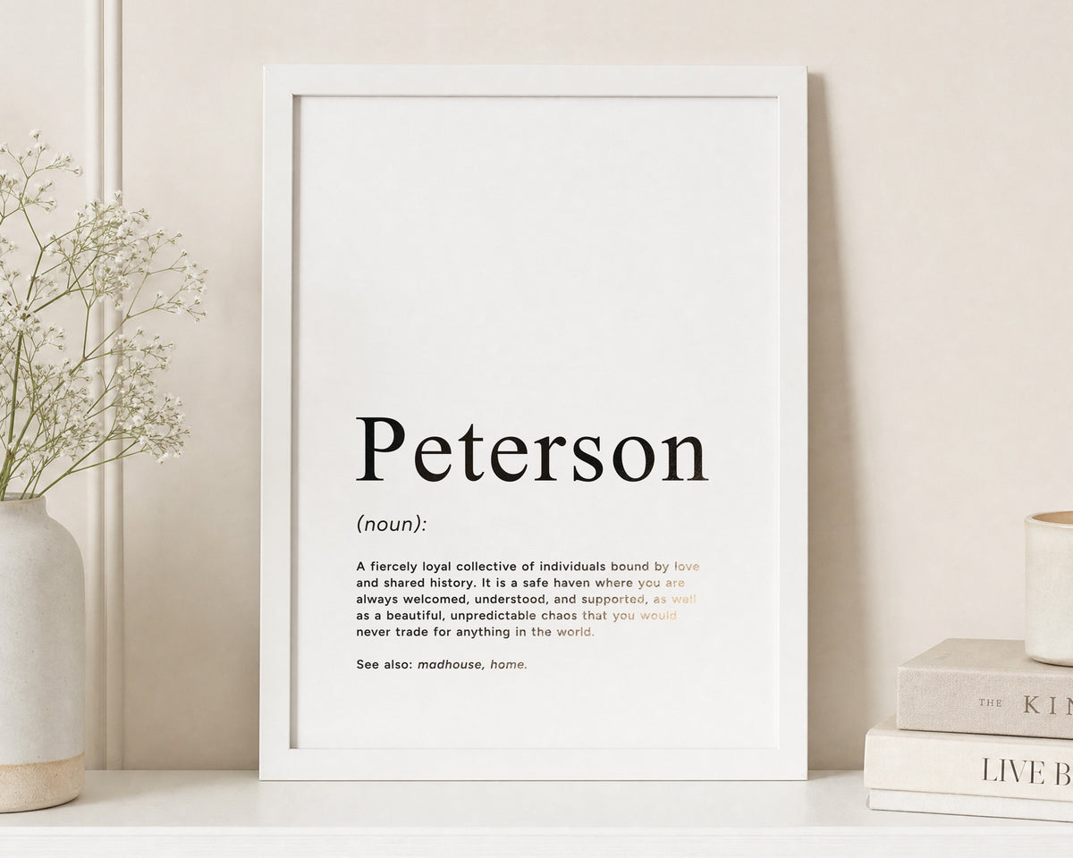 Personalised Gold Foil Family Name Print, Surname Definition Print, Off White Wall Art, New Home Gift, Family Gift, Living Room Art