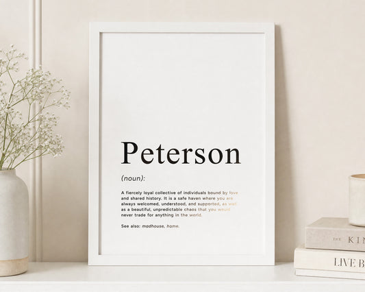 Personalised Gold Foil Family Name Print, Surname Definition Print, Off White Wall Art, New Home Gift, Family Gift, Living Room Art