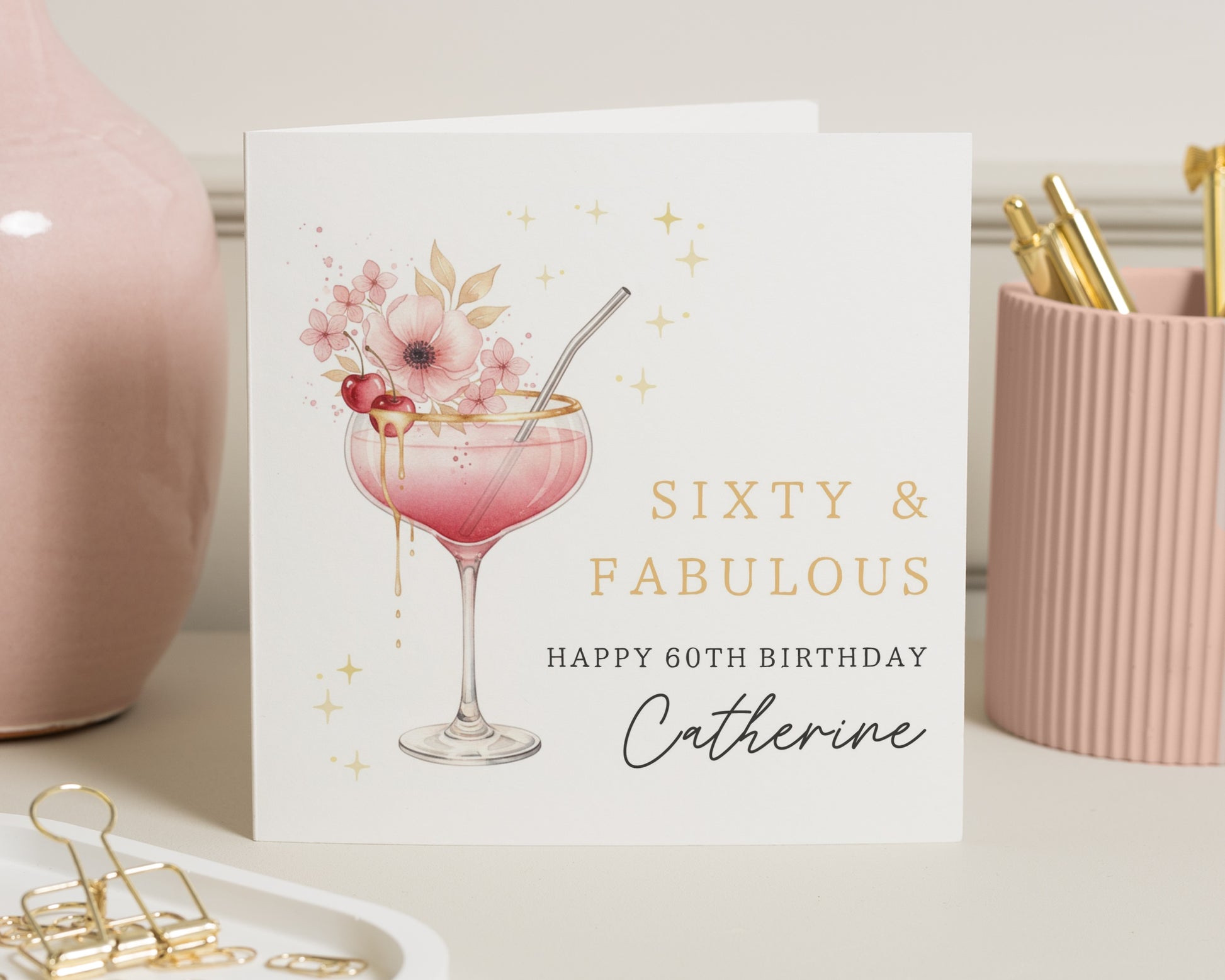 60th Birthday Card for Her, Sixty and Fabulous Card, Personalised Birthday Card, Floral Cocktail Card