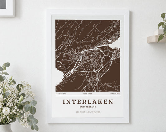 Personalised Map Print, Custom Location Map, Brown Travel Wall Art, Coordinates Print, Anniversary Gift, New Home Gift, White Framed Print
