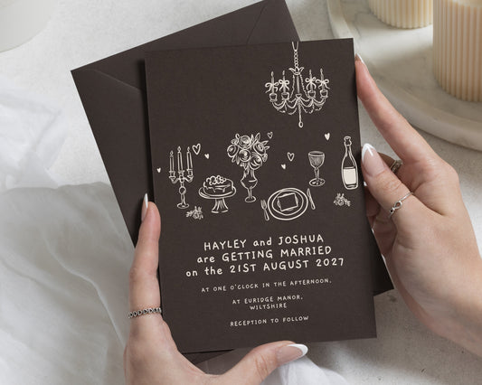 Chocolate Brown Wedding Invitations, Hand Drawn Wedding Invites, Illustrated Wedding Stationery, Personalised Wedding Invitations