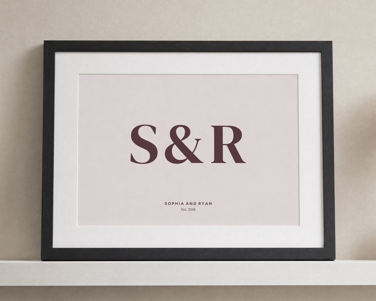 Personalised Couple Initials Print, Blush Pink Wall Art, Anniversary Gift, Wedding Gift, Minimalist Framed Print with Mount