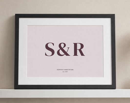 Personalised Couple Initials Print, Blush Pink Wall Art, Anniversary Gift, Wedding Gift, Minimalist Framed Print with Mount
