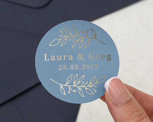 Personalised Wedding Sticker, Gold Foil Wedding Label, Blue Custom Name Date Sticker, Elegant Wedding Seal