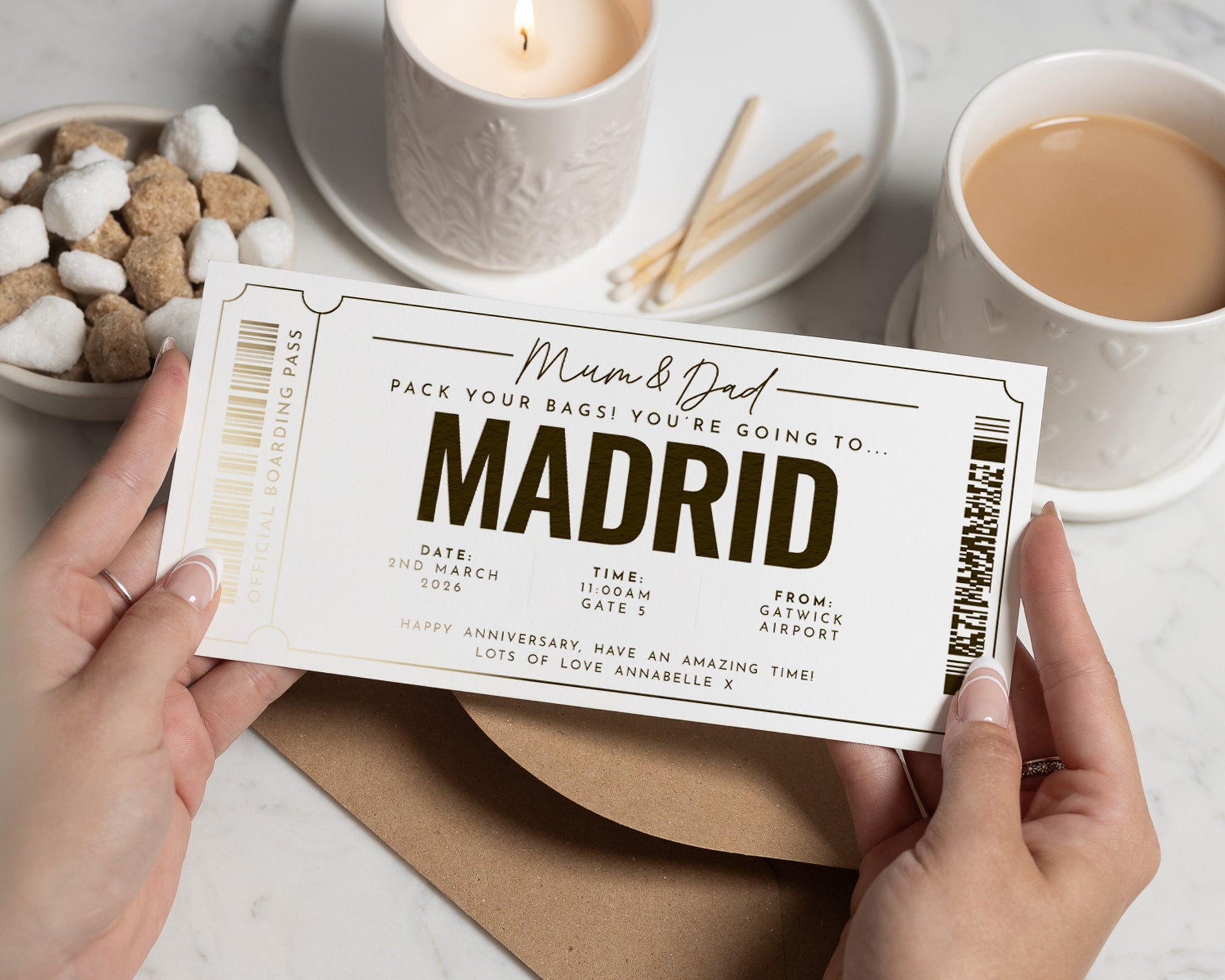 Personalised Holiday Reveal Ticket, Scratch To Reveal Gift, Madrid Trip Voucher, Gold Foil Boarding Pass, Gift For Mum And Dad
