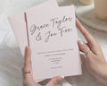 Blush Pink Wedding Invitations, Blossom Calligraphy Wedding Invites, Minimalist Typography, Personalised Invitation Suite