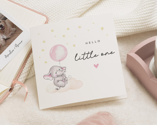 New Baby Card, Baby Girl Card, Elephant Card, Cute Baby Card, Card for New Parents, Hello Little One Card, Personalised Baby Card