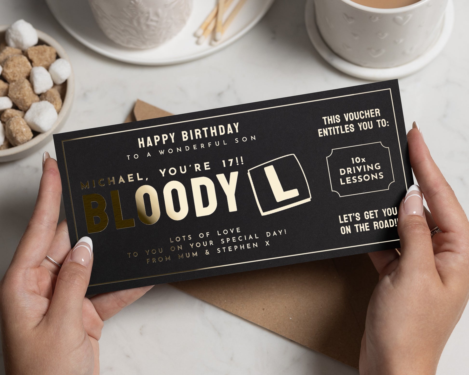 Personalised Driving Lessons Gift Voucher, 17th Birthday Card for Son, Gold Foil Scratch To Reveal