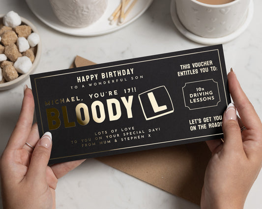 Personalised Driving Lessons Gift Voucher, 17th Birthday Card for Son, Gold Foil Scratch To Reveal