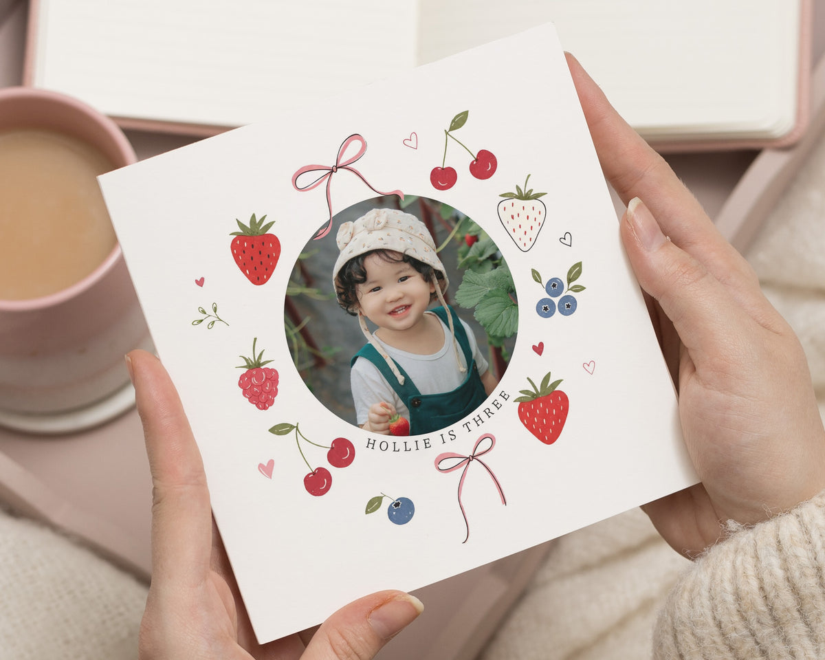 3rd Birthday Card, Personalised Photo Card, Birthday Card for Girl, Daughter Birthday Card, Granddaughter Card, Fruit Birthday Card