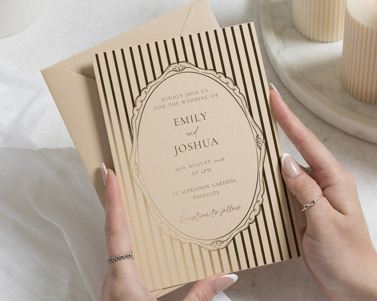 Gold Foil Wedding Invitations, Vintage Stripe Wedding Invite, Ornate Frame Invitation, Warm Beige Personalised Wedding Invites