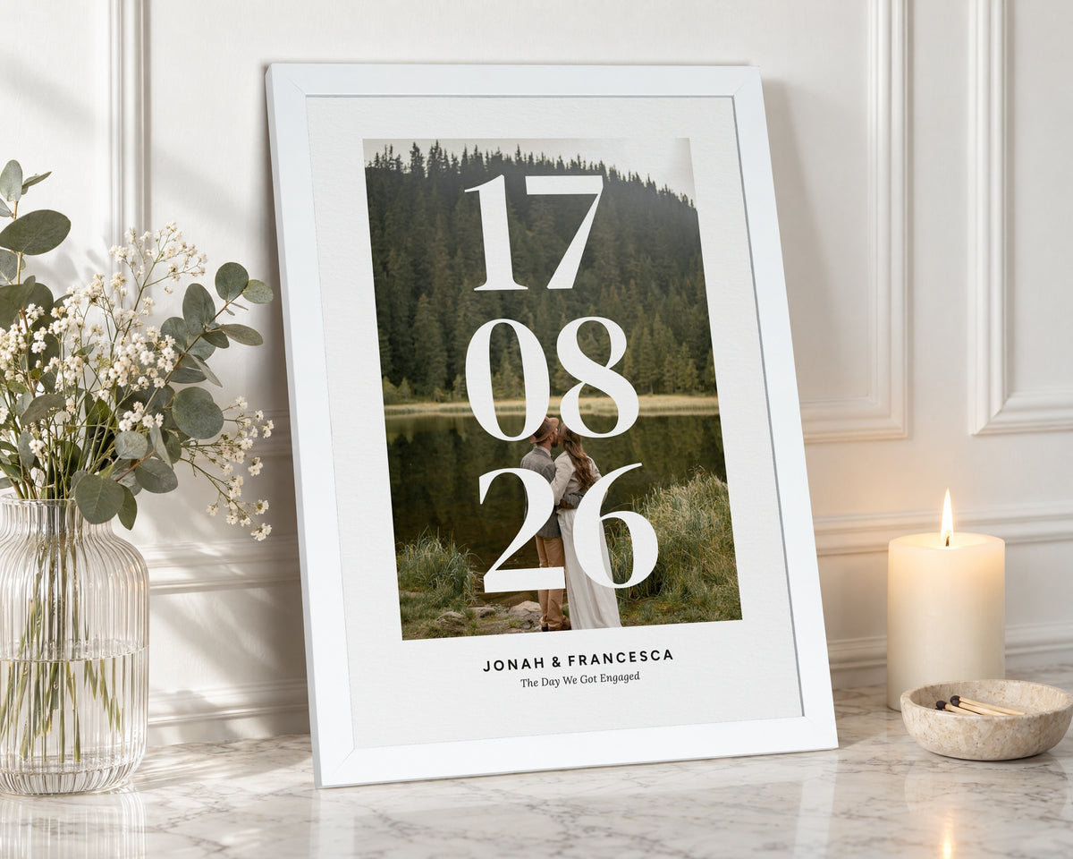 Personalised Photo Date Print, Custom Couple Print From Your Photo, Engagement Gift, Anniversary Gift, Wedding Gift, White Framed Print