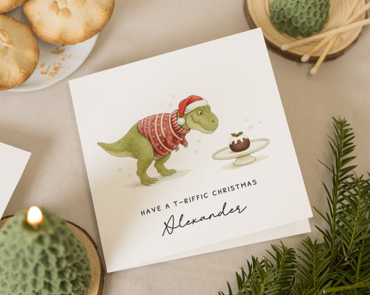 Personalised Dinosaur Christmas Card, Christmas Card for Kids, T Rex Christmas Card, Cute Christmas Card for Boy, Custom Name Card