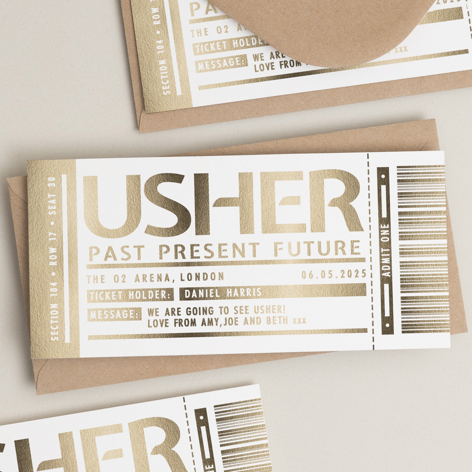 Personalised Gold Foil Gift Voucher, Usher Gig Ticket Gift Voucher, Foil Concert Reveal Gift, You&#39;re Going To See Usher Surprise Gig Ticket