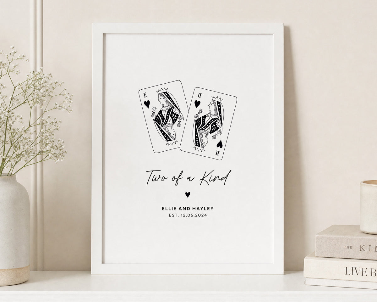 Personalised Playing Card Couple Print, Black and White Wall Art, Two of a Kind Print, Anniversary Gift, Wedding Gift for Couple