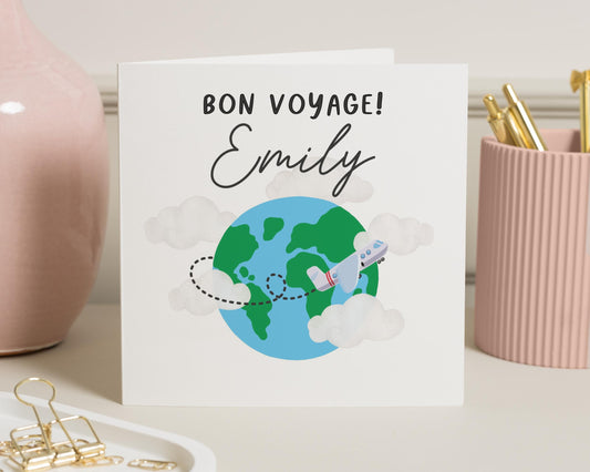 Bon Voyage Card, Personalised Good Luck Card, Travel Card, Leaving Card for Friend, Custom Name Card, Goodbye Card, Plane Card