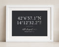 Personalised Silver Foil Coordinates Print, Black Wall Art, Location Print, Wedding Gift, Anniversary Gift, White Framed Print