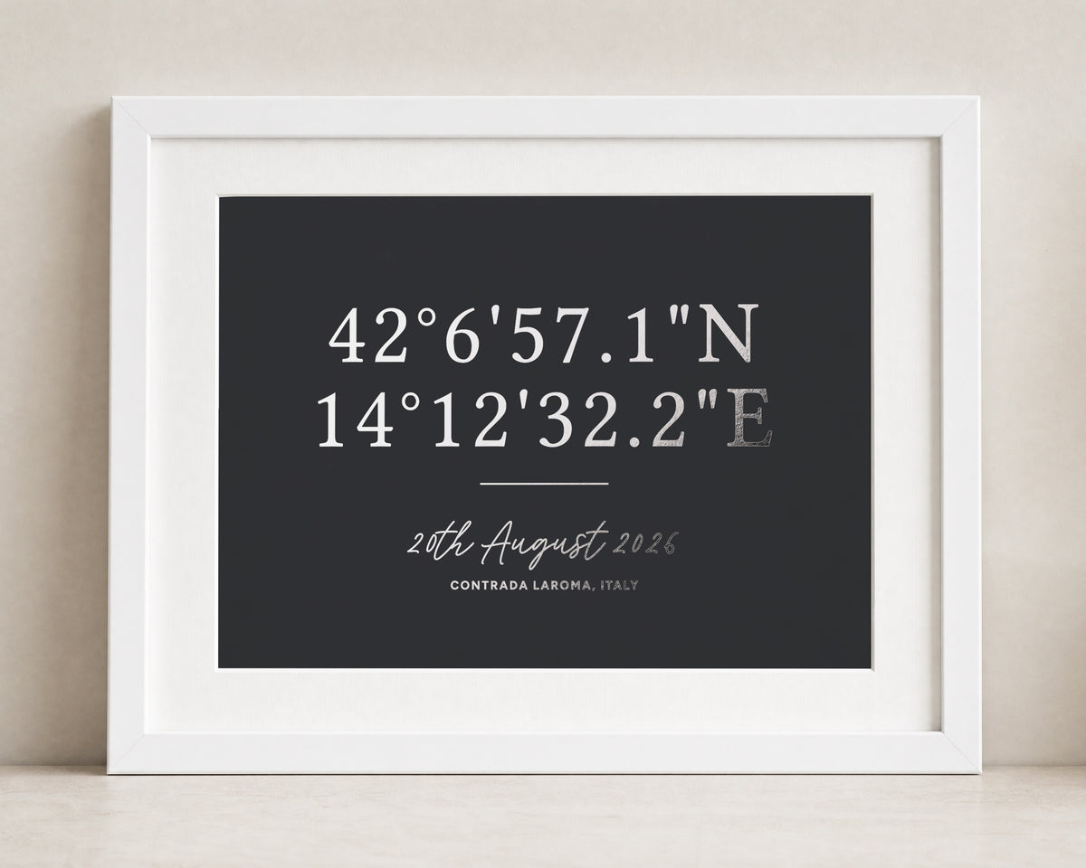 Personalised Silver Foil Coordinates Print, Black Wall Art, Location Print, Wedding Gift, Anniversary Gift, White Framed Print