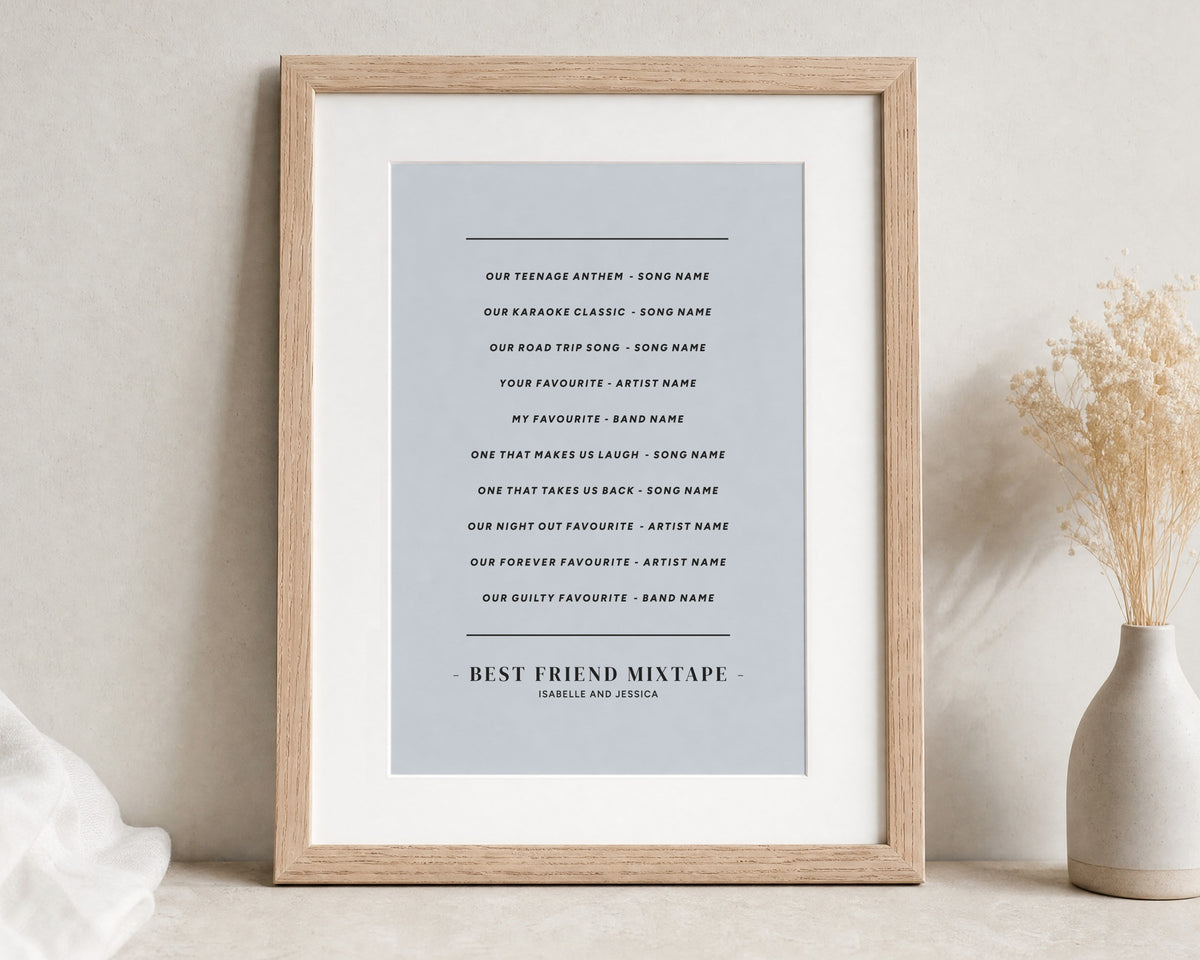 Personalised Best Friend Mixtape Print, Custom Song Print, Light Blue Wall Art, Friendship Gift, Birthday Gift for Friend, Bedroom Wall Art