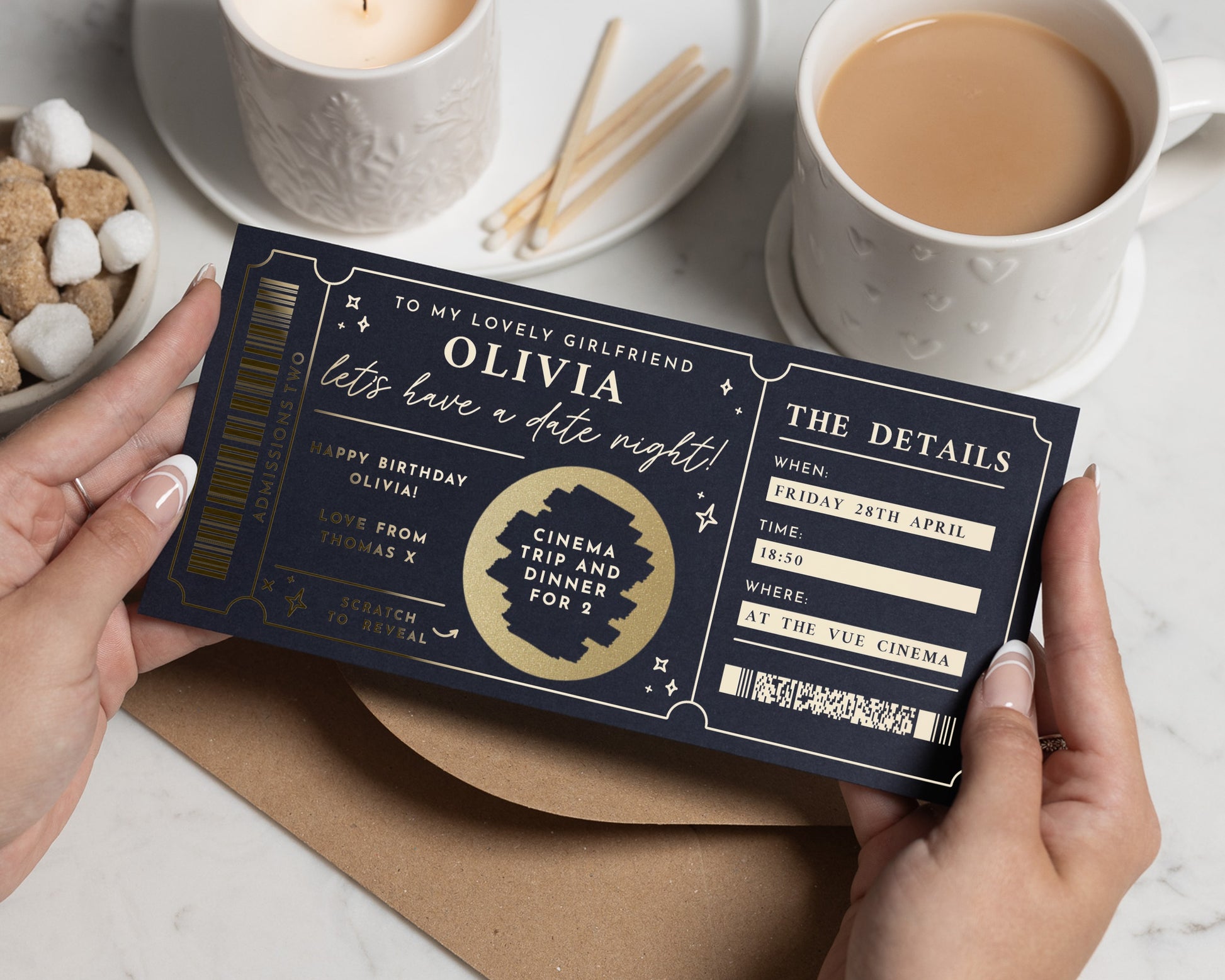 Personalised Cinema Gift Voucher, Date Night Gift For Girlfriend, Scratch To Reveal, Gold Foil, Custom Cinema Trip And Dinner Voucher