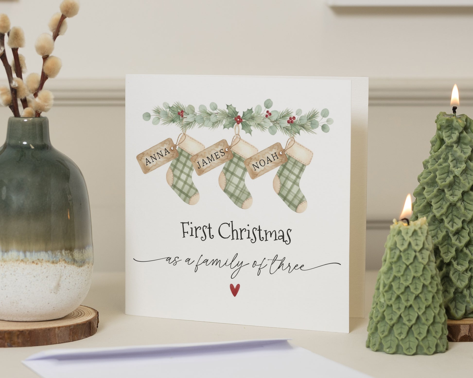 First Christmas Card, Family of Three Christmas Card, Personalised Christmas Card, Stocking Christmas Card, Christmas Card for Family