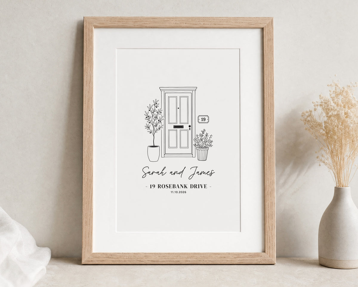 Personalised Front Door Print, New Home Wall Art, First Home Gift, House Warming Gift, Couple Address Print, Oak Framed Print