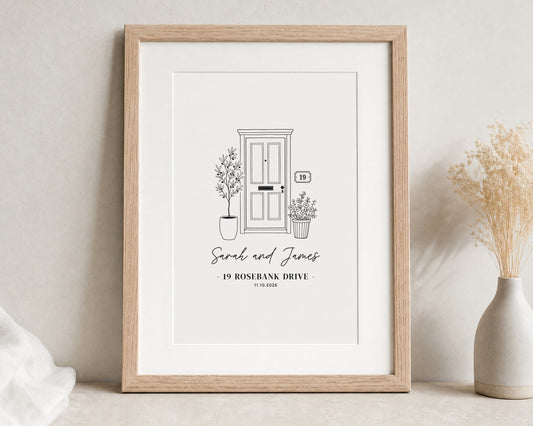 Personalised Front Door Print, New Home Wall Art, First Home Gift, House Warming Gift, Couple Address Print, Oak Framed Print