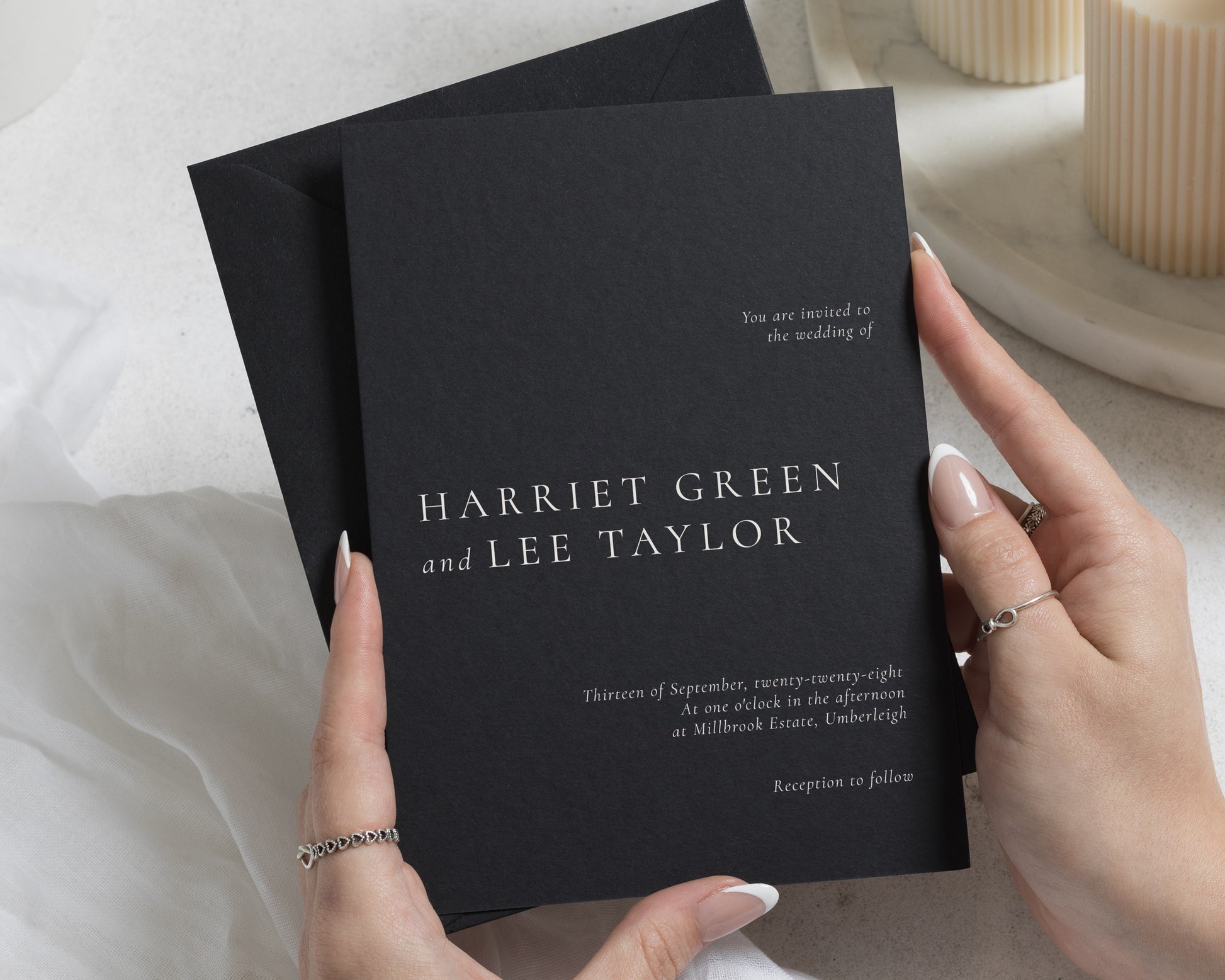 Black Wedding Invitations with Black Envelopes, Minimalist Wedding Invites, Elegant Typography, Personalised Invitation Suite