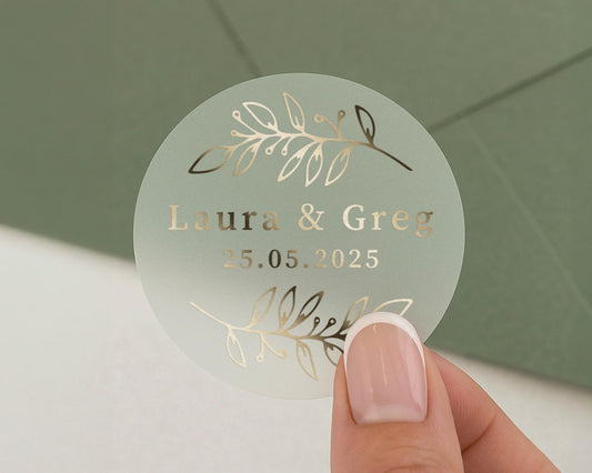 Personalised Wedding Sticker, Custom Foliage Wedding Label, Gold Foil Wedding Sticker, Bride and Groom Name Sticker, Wedding Envelope Seal
