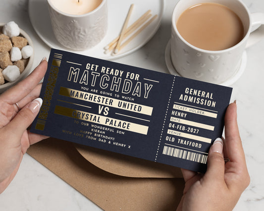 Personalised Football Match Ticket Gift, Gold Foil Gift Voucher, Birthday Gift for Son, Scratch to Reveal Experience