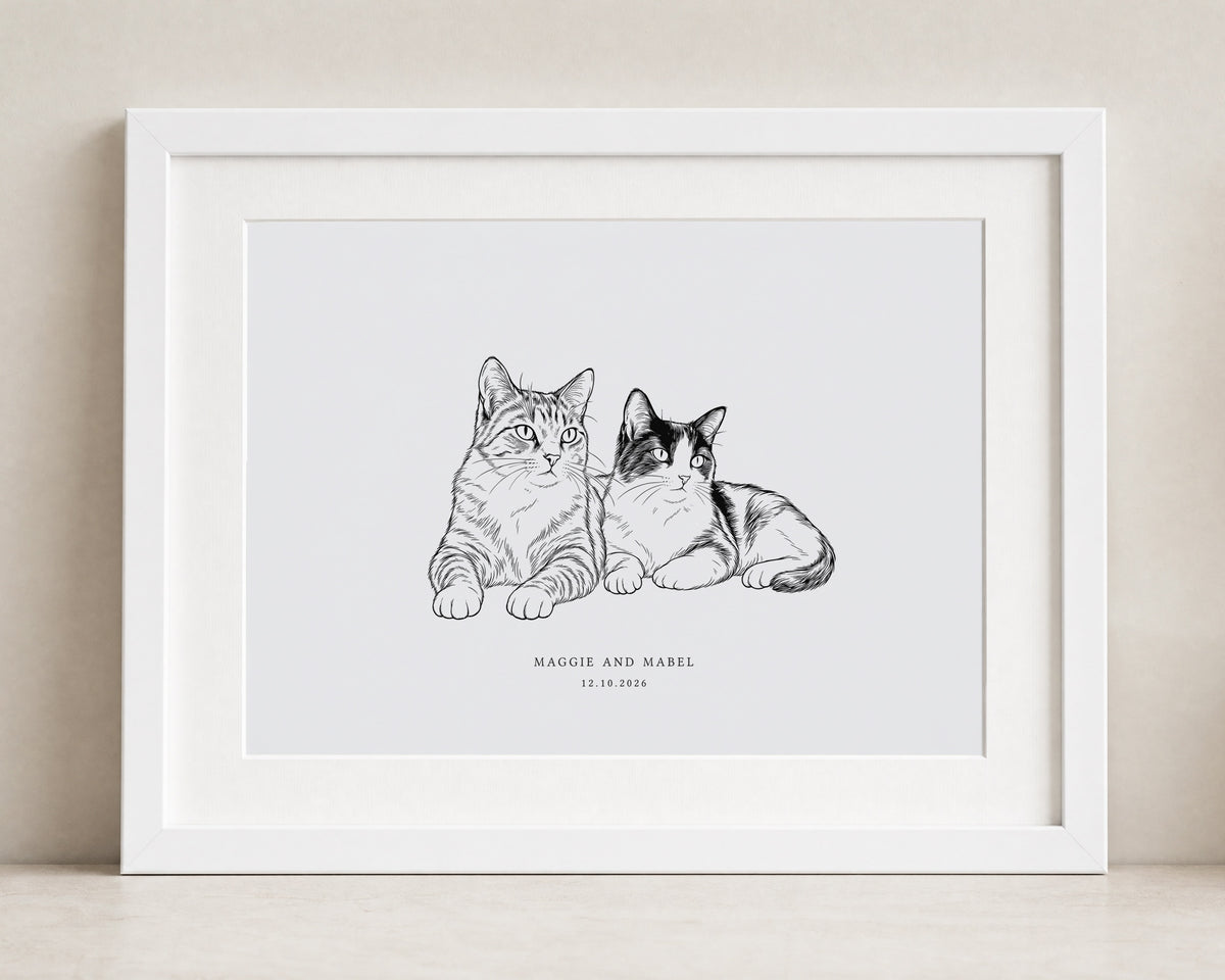 Personalised Cat Portrait Print from Your Photo, Custom Pet Name Print, Cat Lover Gift, Pet Owner Gift, Landscape Wall Art,